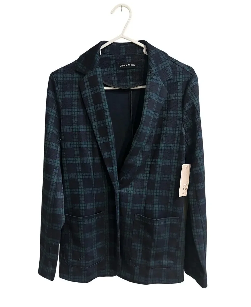 XS Blazer Jacket Blue Green Preppy Plaid Pockets Lapel Collar Button Long Sleeve